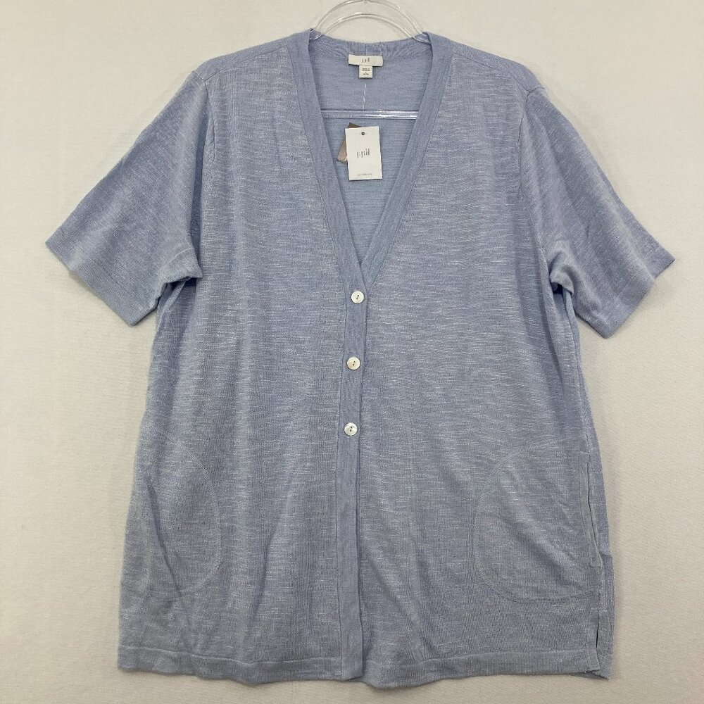 New J. Jill Large Petite Light Blue Elegant Linen Blend Short Sleeve Cardigan